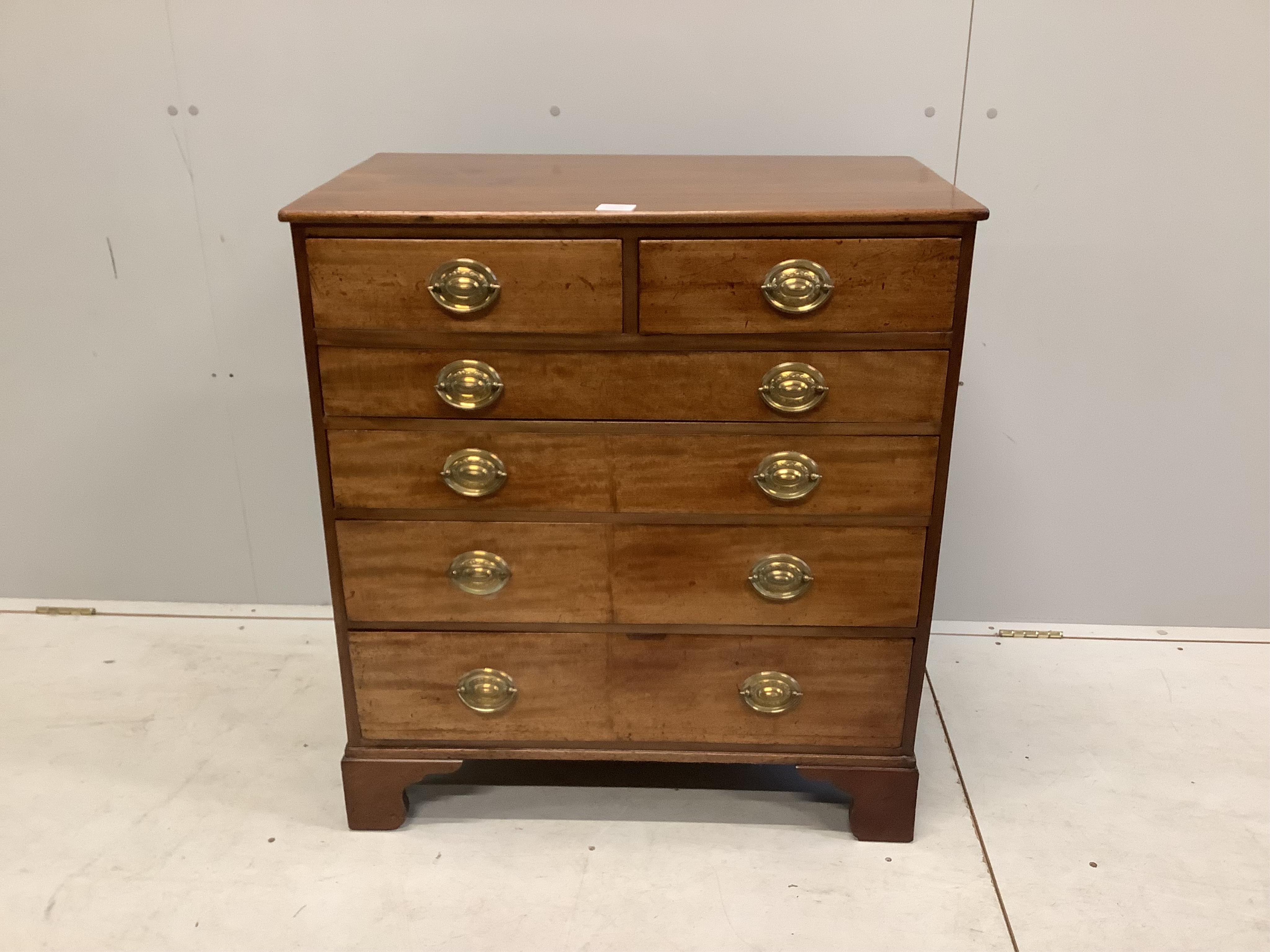 A small George III mahogany six drawer chest, width 77cm, depth 46cm, height 84cm. Condition - fair